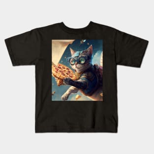 Funny Cat Flying and Delivering Pizza - Funny Digital Artwork Futuristic Art Birthday Gift Idea For Mom Kids T-Shirt